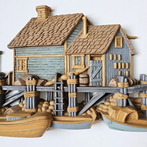 Pair of 1970's Burwood 3D Wall Hanging Seaside Vtg Set Fishing Wharf Boat Dock - Picture 5 of 16